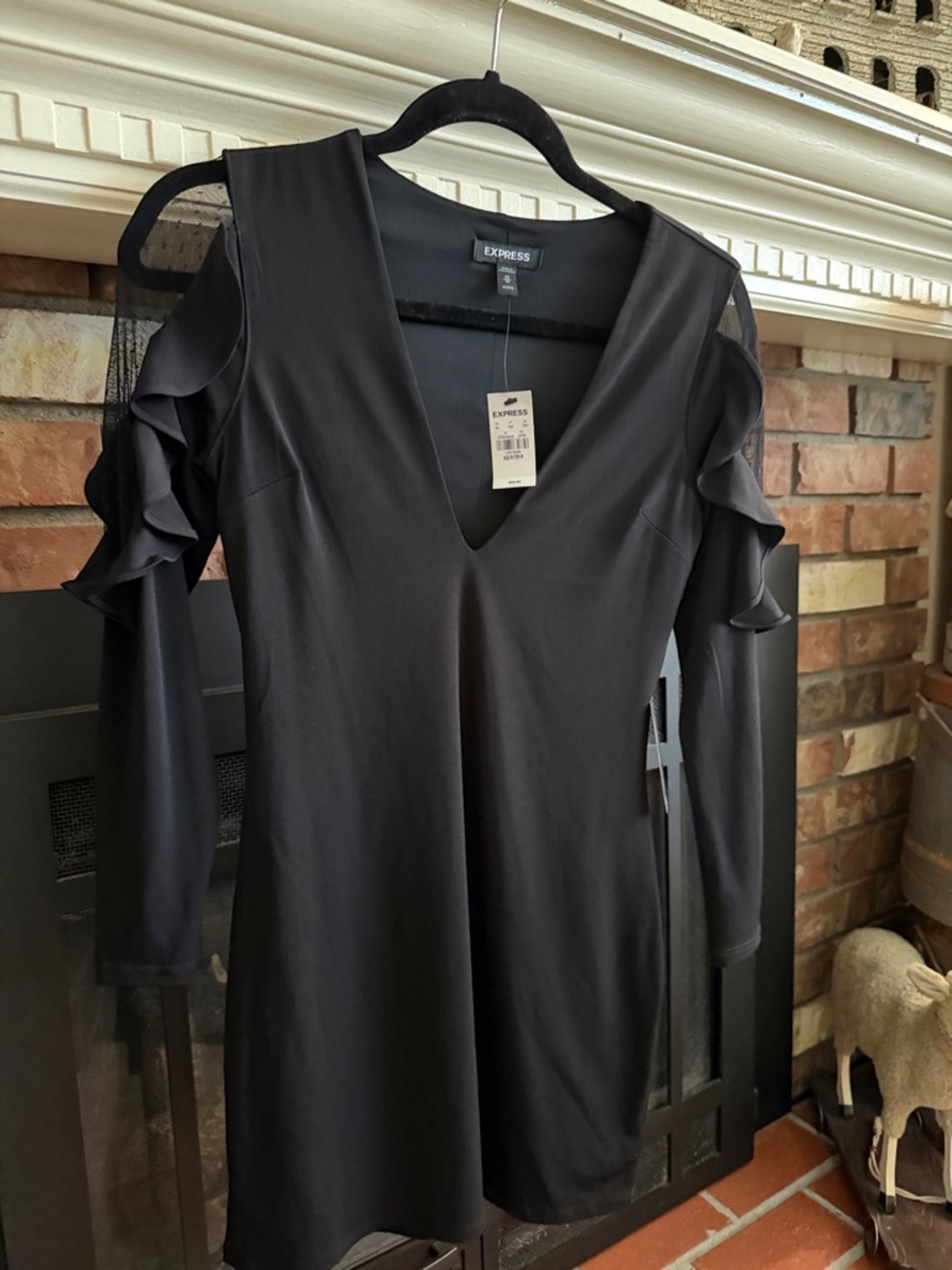 Express Black Cold-Shoulder Ruffle V-Neck Mini Dress